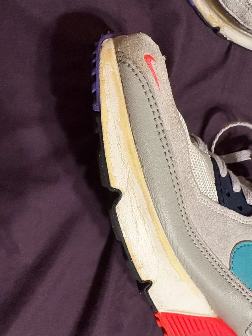 Nike Air Max 90s Kids Gray Sneakers with Teal, Neon Green & Red Accents size 5